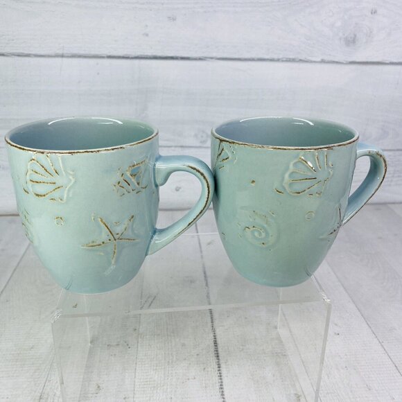 Thomson Pottery CAPE COD Embossed Seashells Stoneware 10.5oz 4"T Cups Mugs Set 2 - Picture 3 of 15